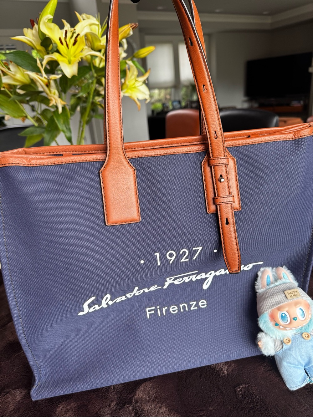 Salvatore Ferragamo Navy Canvas Tote with Tan Leather Trim